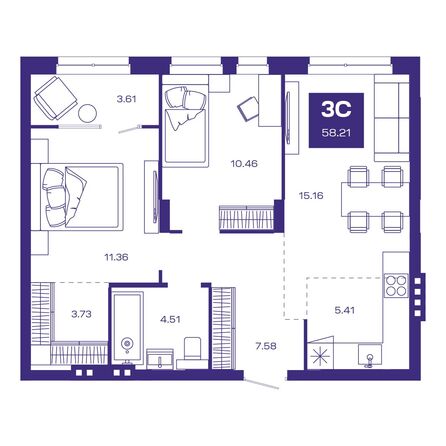 Планировка 3-комн 58,18, 58,21 м²