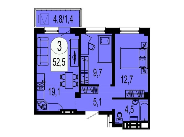 Планировка трехкомнатной квартиры 52,5 кв.м