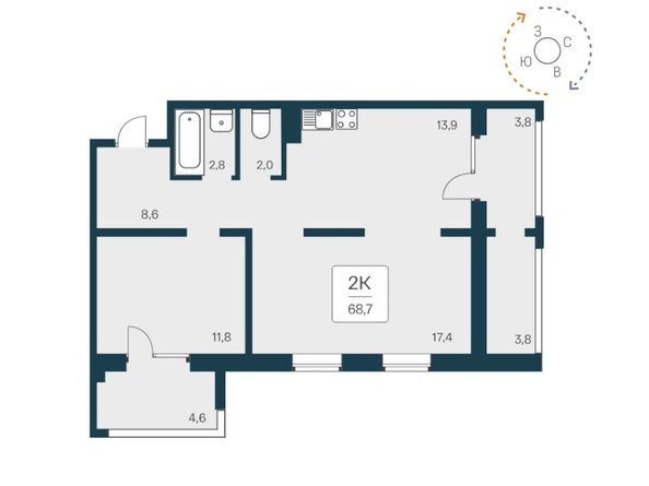 Планировка 2-комн 68,7 м²