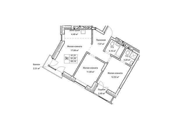 Планировка трехкомнатной квартиры 61,2 кв.м