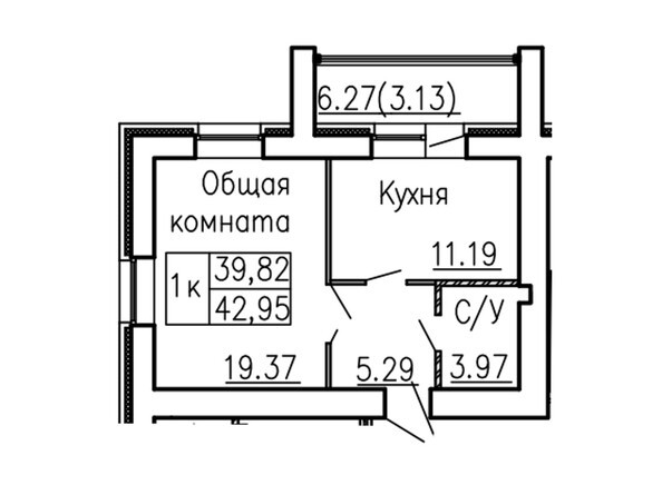 Планировка 1-комн 42,95 м²