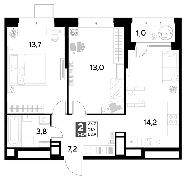 Планировка 2-комн 52,9 м²