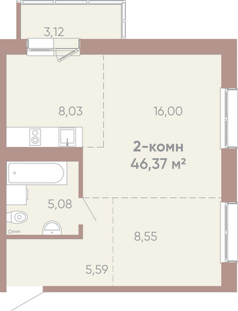 Планировка 2-комн 46,37 м²