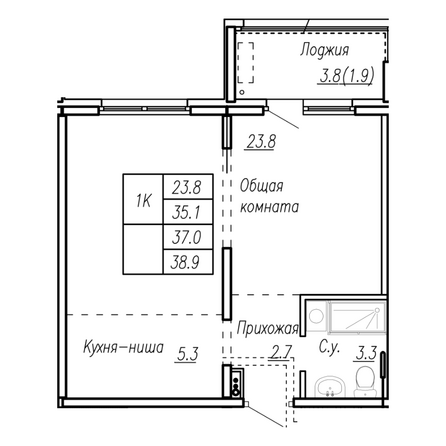 Планировка 1-комн 37 м²