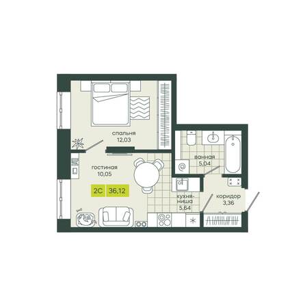Планировка 2-комн 36,12 м²