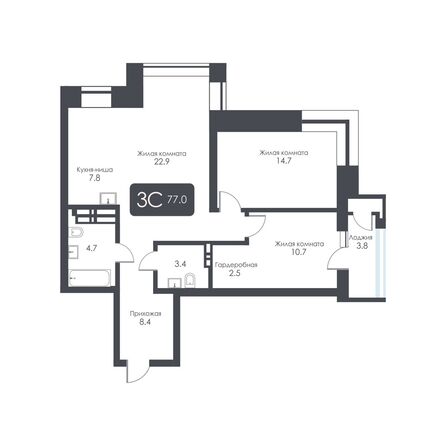 Планировка 3-комн 77 - 77,7 м²