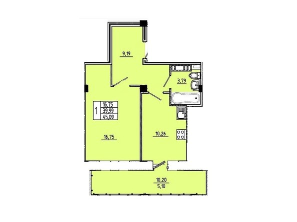 Планировка 1-комнатной квартиры 45,09 кв.м