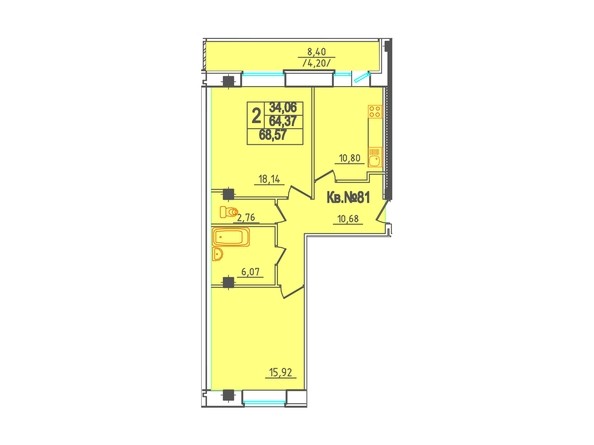 Планировка 2-комнатной квартиры, 68,57 кв.м