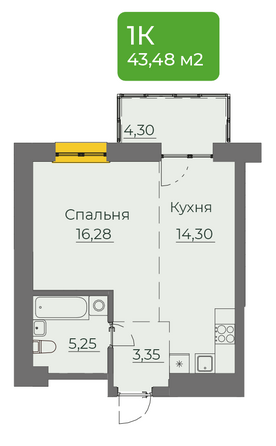 Планировка 1-комн 43,48 м²