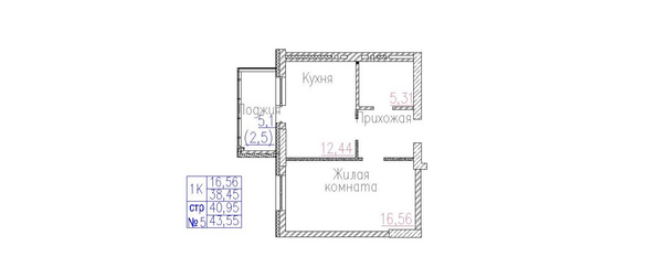 Планировка 1-комн 43,56 м²