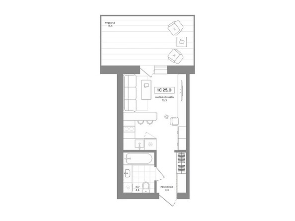 Планировка 1-комн 25, 25,01 м²