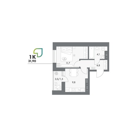 Планировка 1-комн 31,9 - 32,5 м²