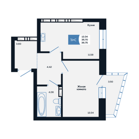 Планировка 1-комн 36,75 - 36,86 м²