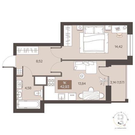 Планировка 1-комн 42,93 м²