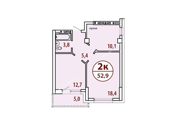 Секция №2. Планировка двухкомнатной квартиры 52,9 кв.м