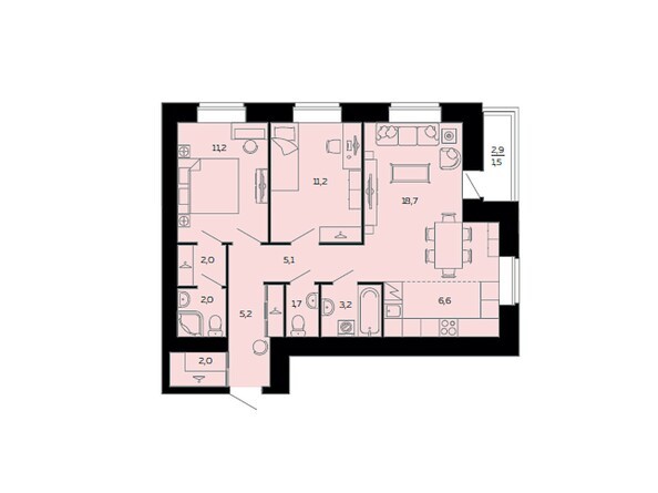Планировка трёхкомнатной квартиры 70,7 кв.м