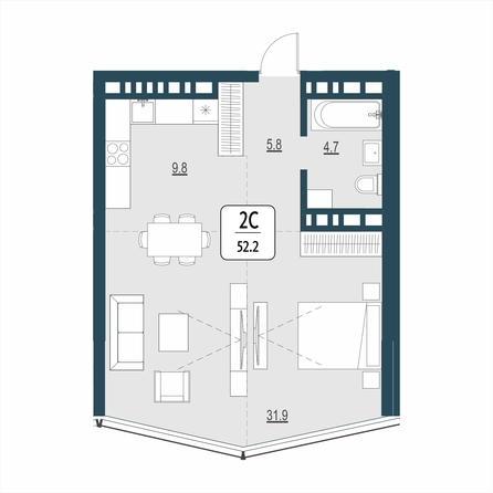 Планировка 2-комн 52,2, 52,3 м²