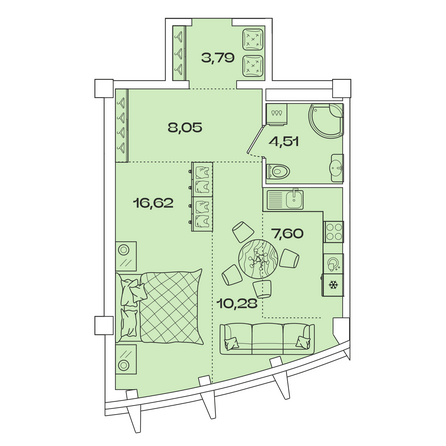 Планировка 1-комн 50,85, 51,57 м²