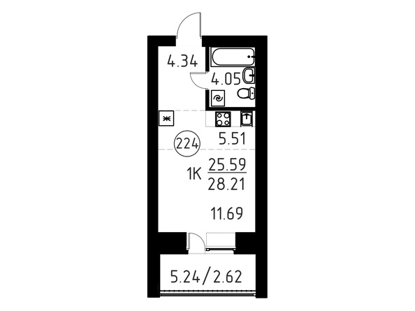 Планировка Студия 28,21 м²