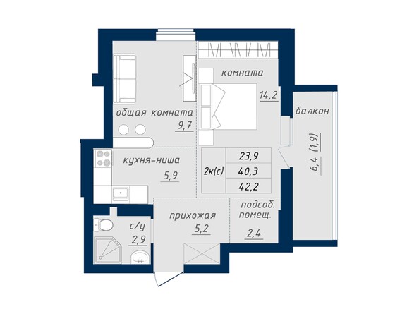 2-комнатная 42.2 кв.м