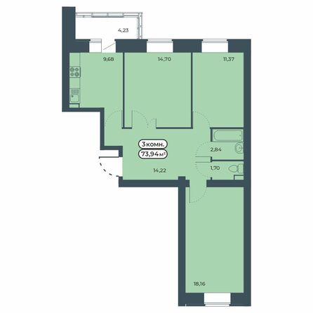 Планировка 3-комн 73,94 м²