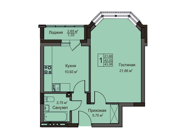 1-комнатная 43,36 кв.м
