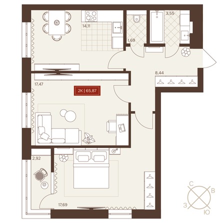 Планировка 2-комн 65,87, 66,36 м²