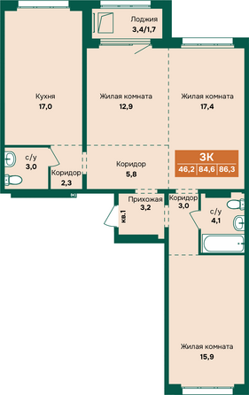 Планировка 3-комн 86,3 - 86,6 м²