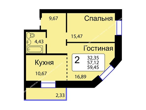 Б/С - 14. Планировка двухкомнатной квартиры 59,45 кв.м. Этажи 10-16.