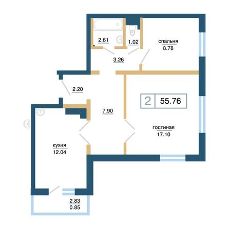 Планировка 2-комн 55,76 м²