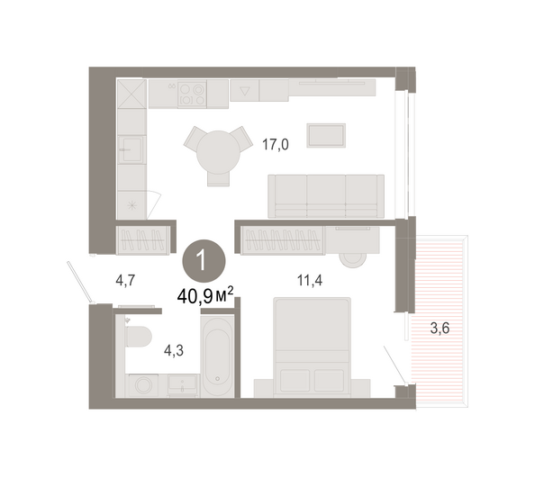 Планировка 1-комн 40,91 - 40,94 м²