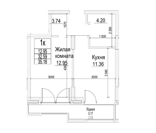 Планировка 1-комн 32,59 м²