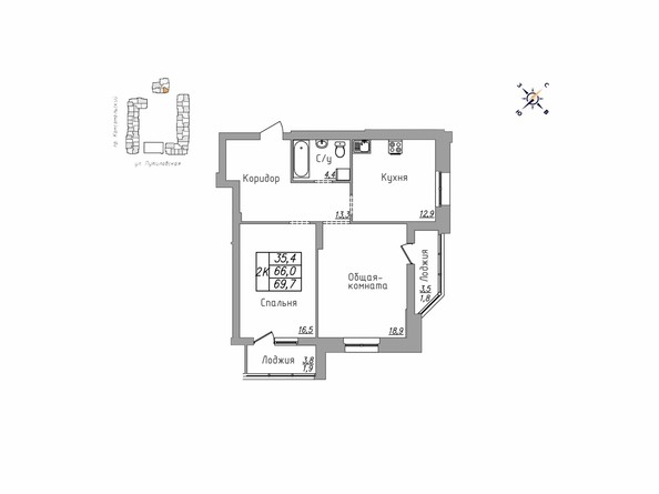 Планировка двухкомнатной квартиры 69,7 - 69.8 кв.м