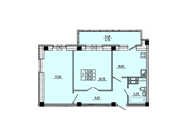 Планировка 2-комнатной квартиры 63,03 кв.м