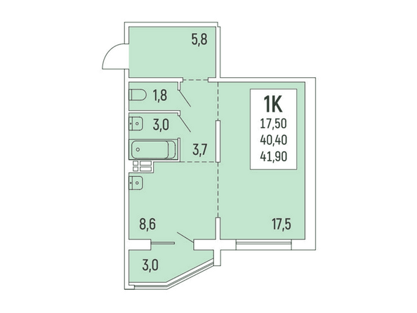 Планировка 1-комнатной квартиры 41,7-41,9 кв.м