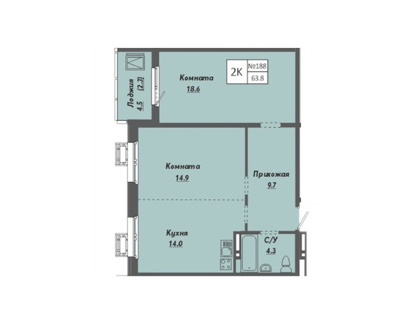 Планировка 2-комн 63,8, 64,2 м²