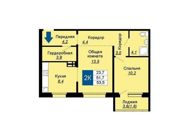 Планировка двухкомнатной квартиры 53,7 кв.м