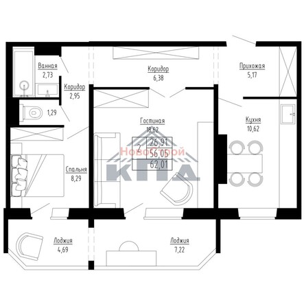 Планировка 2-комн 62 м²