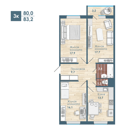 Планировка 3-комн 83,2 м²