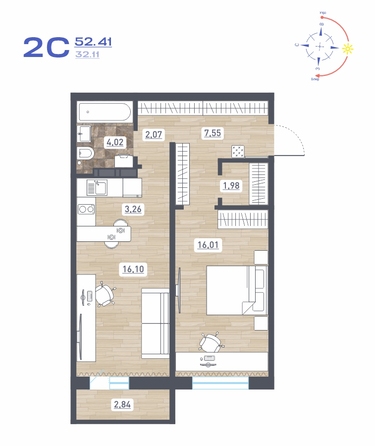 Планировка 2-комн 52,41, 52,47 м²