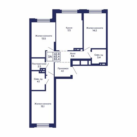 Планировка 3-комн 83,4 м²