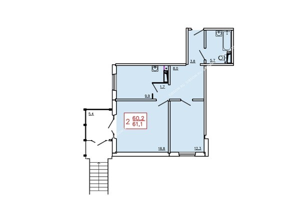 Планировка двухкомнатной квартиры 61,1 кв.м. Этаж 1