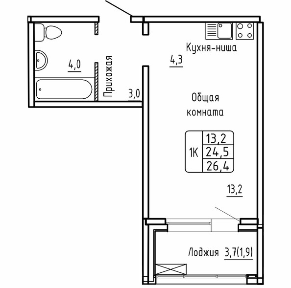 Планировка 1-комн 26,6 м²