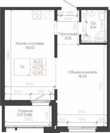 Планировка 1-комн 42,65 м²