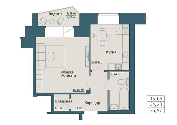 Планировка 1-комн 35,97 м²