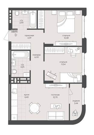 Планировка 2-комн 64,39 м²