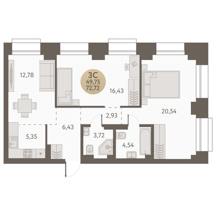 Планировка 3-комн 72,72 м²