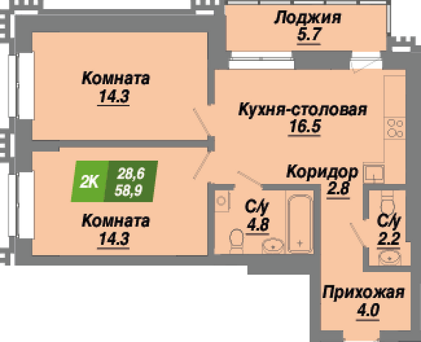 Планировка 2-комн 58,9 м²