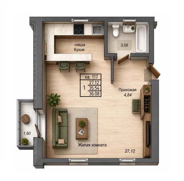 Планировка 1-комн 36,08 м²