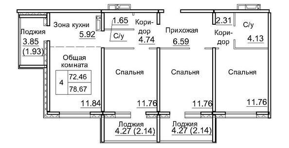 Планировка 4-комн 78,67 м²